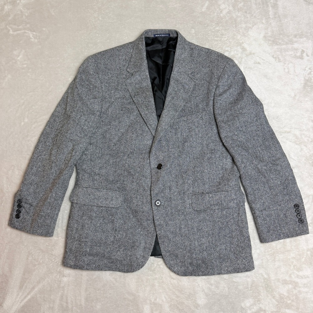 VTG 90s Lands End Lambswool Blazer Men 42 S Gray Herringbone Tweed Sport Coat EC
